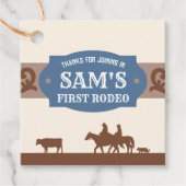 Kinder FIrst Rodeo Blauw/Bruin Western Verjaardags Bedankjes Labels (Voorkant)
