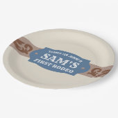 Kinder FIrst Rodeo Blauw/Bruin Western Verjaardags Papieren Bordje (Gekanteld)