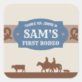 Kinder FIrst Rodeo Blauw/Bruin Western Verjaardags Vierkante Sticker (Voorkant)