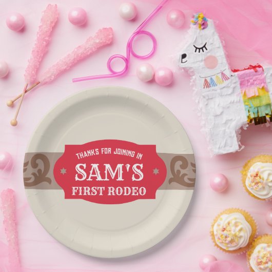 Kinder FIrst Rodeo Rood/Bruin Western Verjaardagsf Papieren Bordje (Feest)
