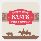 Kinder FIrst Rodeo Rood/Bruin Western Verjaardagsf Vierkante Sticker (Voorkant)