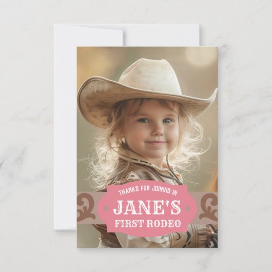 Kinder FIrst Rodeo Roze/Bruin Western Foto Bedankkaart (Voorkant)