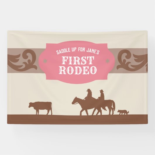 Kinder FIrst Rodeo Roze/Bruin Western Verjaardagsf Spandoek (Horizontaal)