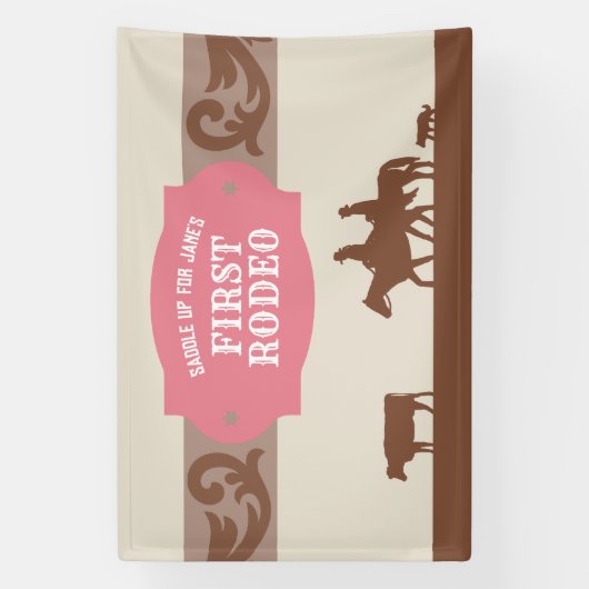Kinder FIrst Rodeo Roze/Bruin Western Verjaardagsf Spandoek (Verticaal)