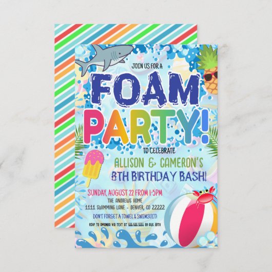Kinder Foam Party Uitnodiging (Voorkant / Achterkant)