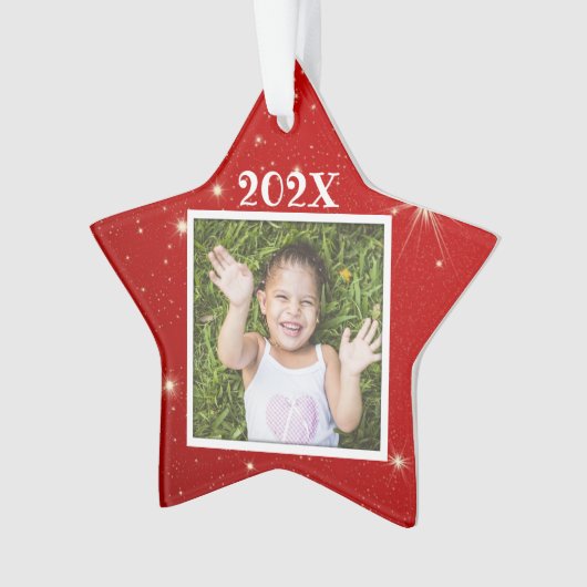 Kinder foto Rood kerstfeest met twinkelende sterre Ornament (voorkant)