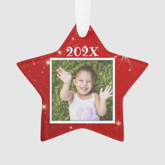 Kinder foto Rood kerstfeest met twinkelende sterre Ornament (voorkant)