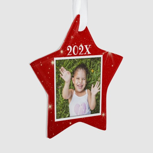 Kinder foto Rood kerstfeest met twinkelende sterre Ornament (voorkant)