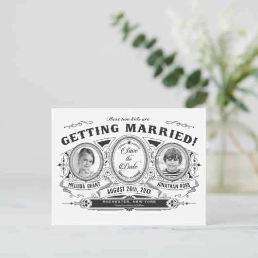 Kinder foto Sla de datum bruiloft Briefkaarten  (Staand voorkant)