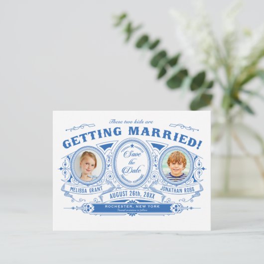 Kinder foto Sla de datum bruiloft Briefkaarten  (Staand voorkant)