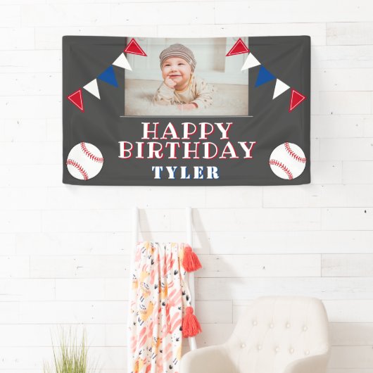 Kinder foto van Cute Baseball Flags Birthday Party Spandoek (Insitu)