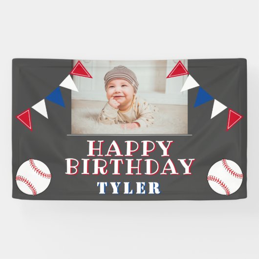 Kinder foto van Cute Baseball Flags Birthday Party Spandoek (Horizontaal)