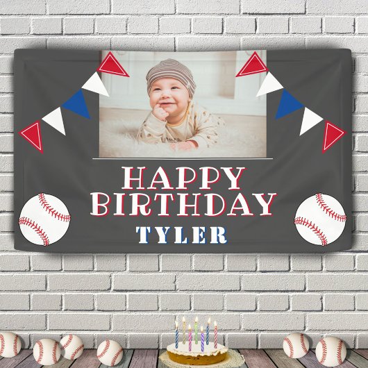 Kinder foto van Cute Baseball Flags Birthday Party Spandoek
