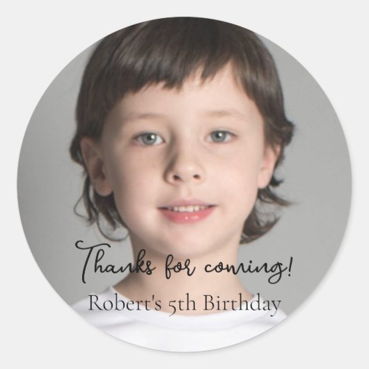 Kinder foto Verjaardagsfeestje Bedankt om te komen Ronde Sticker (Voorkant)