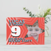 Kinder fotojongens 9e verjaardag Rode blauwe uitno Kaart (Staand voorkant)