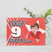 Kinder fotojongens 9e verjaardag Rode blauwe uitno Kaart (Staand voorkant)