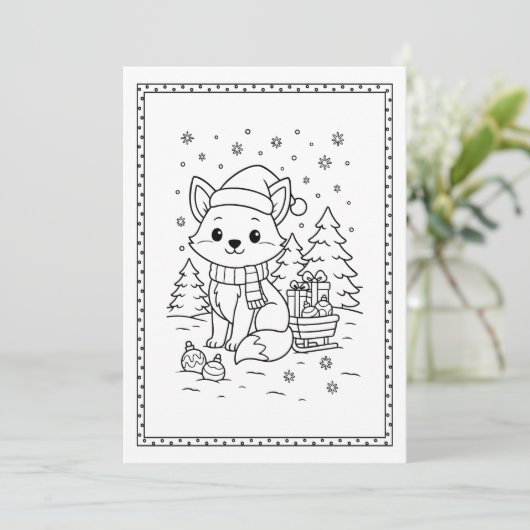 Kinder Fun Christmas Fox Kleuren Flat Note Kaart (Staand voorkant)