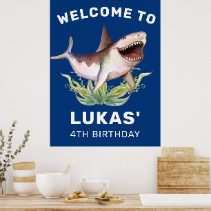 Kinder Funny Shark Blue Birthday Party Welkom Poster