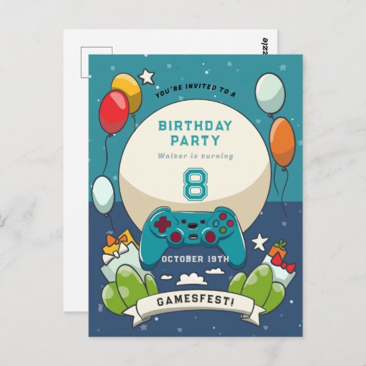 Kinder GameFest verjaardagsuitnodiging Briefkaart (Voorkant / Achterkant)