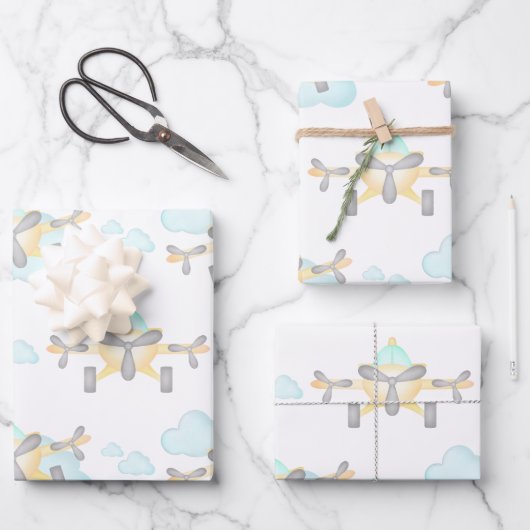 Kinder Geel Vliegtuig Vliegende Luchtvaart Verjaar Inpakpapier Vel (Voorkant)