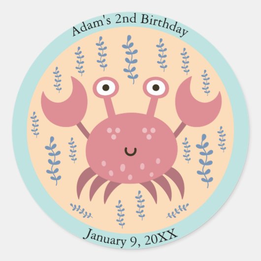 Kinder Gekke rode krab onder het Zee Verjaardag Ronde Sticker (Voorkant)