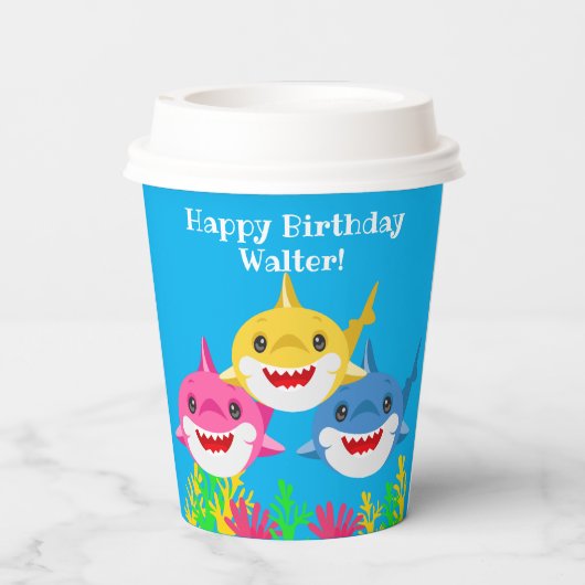 Kinder gele haai- en familiedag papieren bekers (Achterkant)