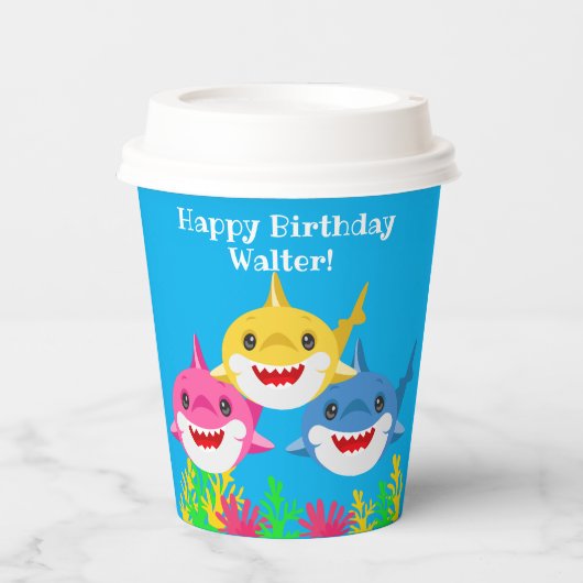 Kinder gele haai- en familiedag papieren bekers (Voorkant)