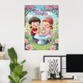 Kinder Genieten van Ice-Cream in Tuin AI Generatie Poster (Thuiskantoor)