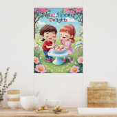 Kinder Genieten van Ice-Cream in Tuin AI Generatie Poster (Keuken)