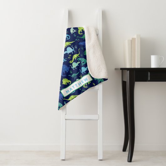 Kinder gepersonaliseerd dinosaurusblauw-buspatroon sherpa deken (In situ)