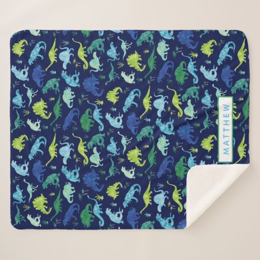 Kinder gepersonaliseerd dinosaurusblauw-buspatroon sherpa deken (Voorkant (horizontaal))
