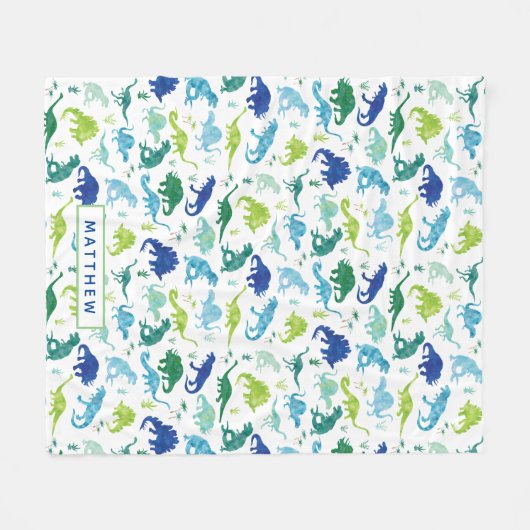 Kinder gepersonaliseerd dinosaurusblauw groen wit fleece deken (Voorkant (Horizontaal))
