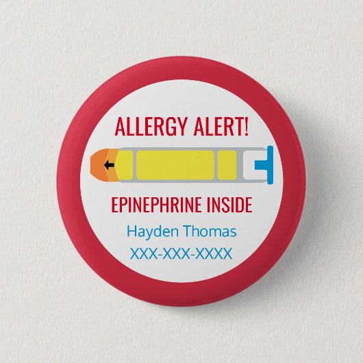 Kinder gepersonaliseerde allergie Alert Epinefrine Ronde Button 5,7 Cm (Voorkant)