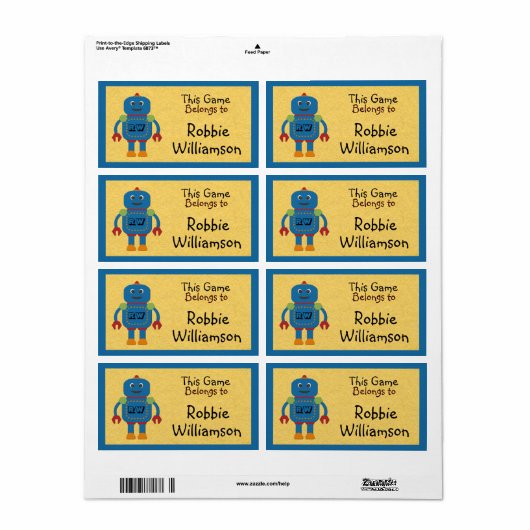 Kinder gepersonaliseerde Blue Robot Speelgoed Stic Etiket (Full Sheet)