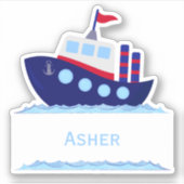 Kinder gepersonaliseerde Blue Sailboat naamlabel S Sticker (Voorkant)