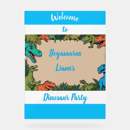 Kinder gepersonaliseerde dinosaurus feest welkomst acryl bord (Voorkant)