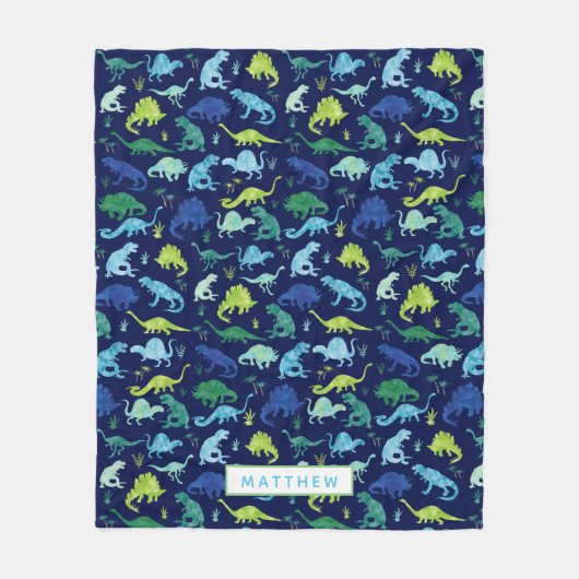 Kinder gepersonaliseerde dinosaurusblauwe groene W Fleece Deken (Voorkant)