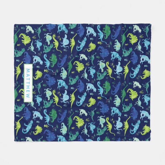 Kinder gepersonaliseerde dinosaurusblauwe groene W Fleece Deken (Voorkant (Horizontaal))