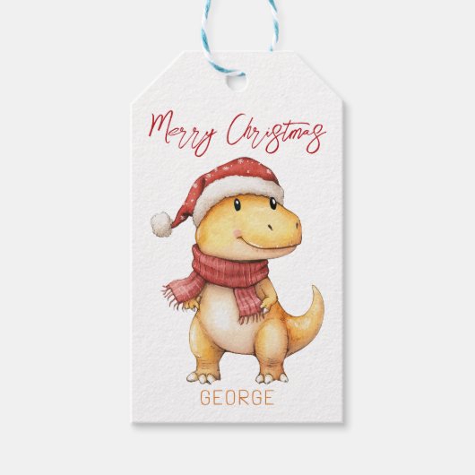 Kinder gepersonaliseerde dinosauruskerst cadeaulabel (Voorkant)