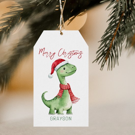 Kinder gepersonaliseerde dinosauruskerst cadeaulabel