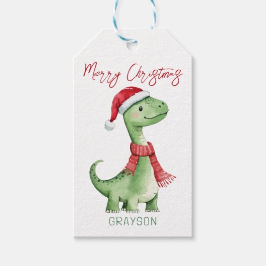 Kinder gepersonaliseerde dinosauruskerst cadeaulabel (Voorkant)