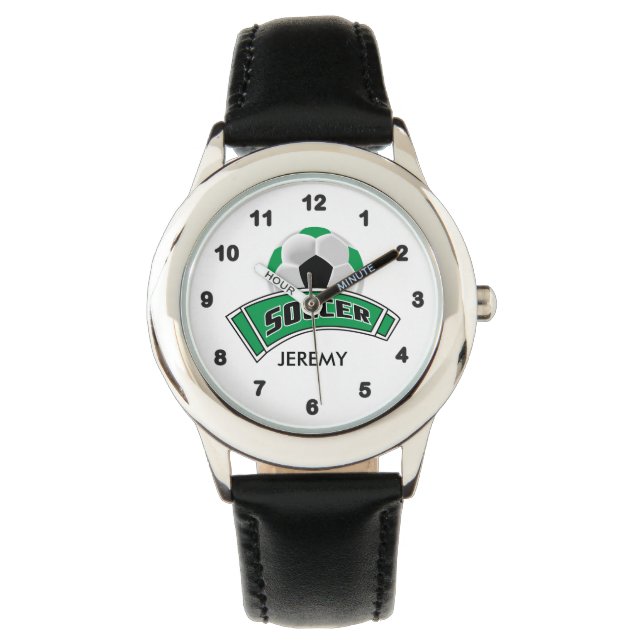 Kinder gepersonaliseerde groene voetbal horloge (Voorkant)