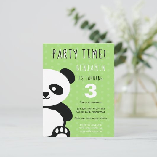 Kinder Gepersonaliseerde Panda Kawaii Groene Verja Uitnodiging Briefkaart (Staand voorkant)