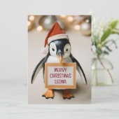 Kinder gepersonaliseerde pinguïn nieuwigheid kerst feestdagenkaart (Staand voorkant)
