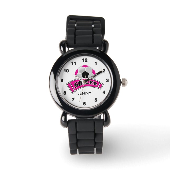 Kinder gepersonaliseerde roze voetbal horloge (Voorkant)