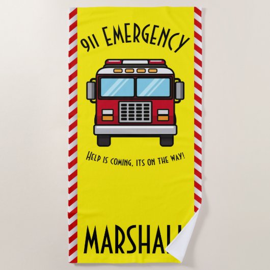 Kinder gepersonaliseerde schattige brandweerwagen strandlaken (Voorkant)