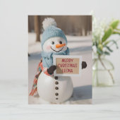 Kinder gepersonaliseerde sneeuwman groet nieuwighe feestdagenkaart (Staand voorkant)