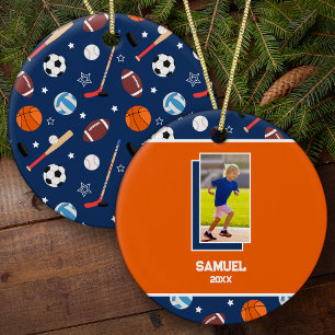 Kinder gepersonaliseerde sportpatroon foto kerst keramisch ornament