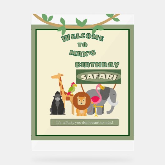 Kinder gepersonaliseerde verjaardagsafari welkomst acryl bord (Voorkant)