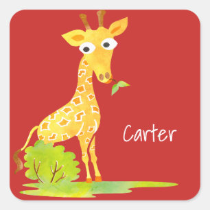 Kinder gepersonaliseerde Waterverf Giraffe rood Vierkante Sticker